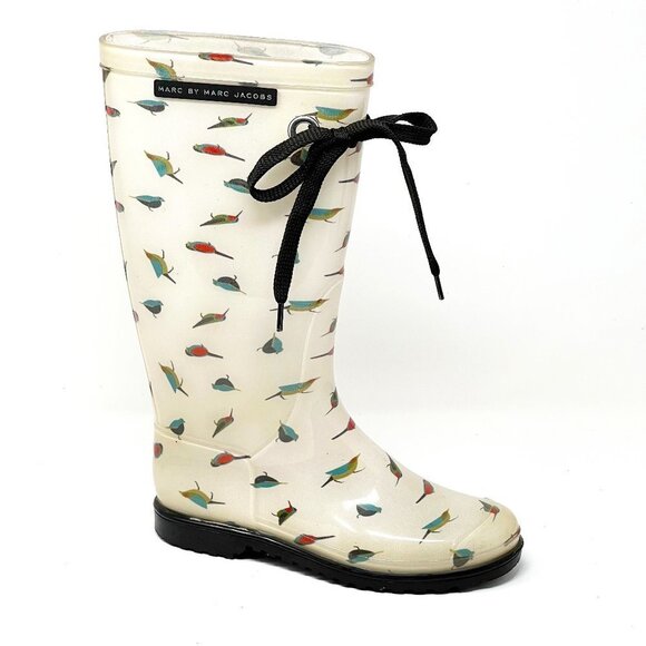 Marc Jacobs Rain Boots Tall Rubber White Multicolor Bird Print. Size 5.5 - Picture 1 of 16